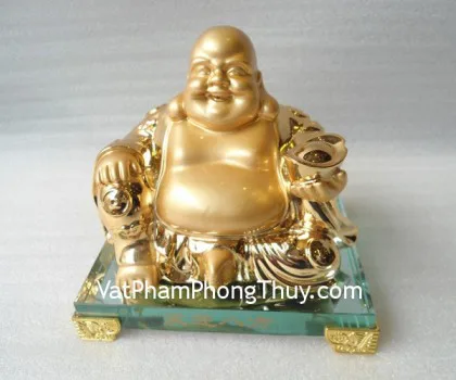 Phật di lặc vàng kim, đế gỗ vuông- Tiếu nghênh bách tài E313
