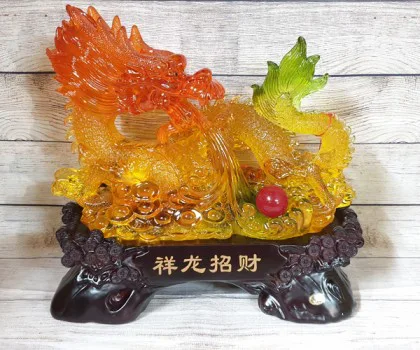 Vua rồng vàng cam ngọc lưu ly nhả hồng ngọc trên đống kim nguyên bảo khủng - Tường Long Chiêu Tài LN147